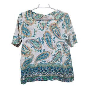 Chicos Paisley Top Medium V Neck Boho Multicolor Short Sleeve